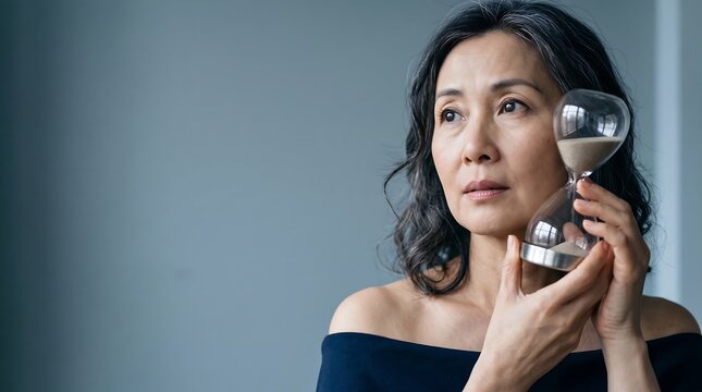 Thoughtful middle aged woman holding hourglass against a grey background contemplating time and aging