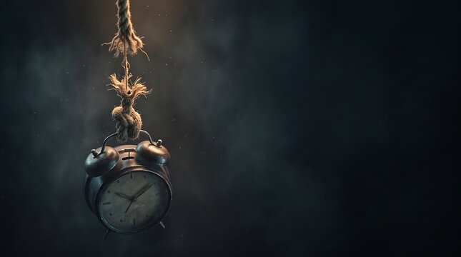 Vintage alarm clock hanging from a frayed rope in a dark smoky atmosphere symbolizing the pressure of time and chronophobia