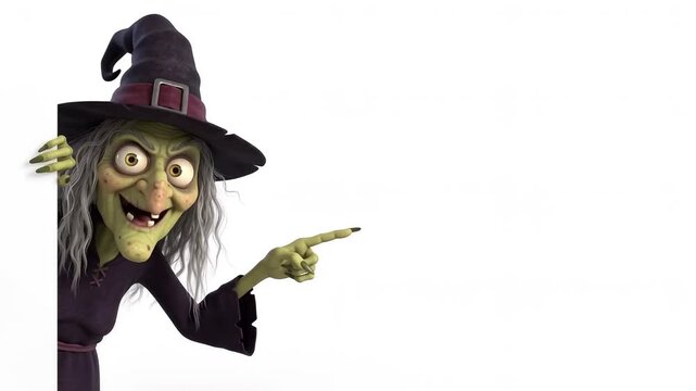 Cartoon witch character pointing at empty space isolated on white background
