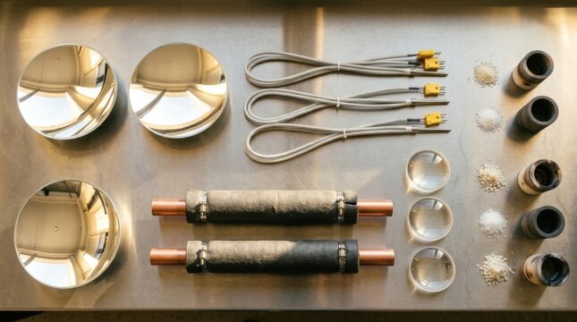 Solar thermal engineering knolling arrangement with parabolic mirrors, thermocouples, ceramic sleeving, copper pipes, quartz lenses, and molten salt crucibles on metal workbench.
