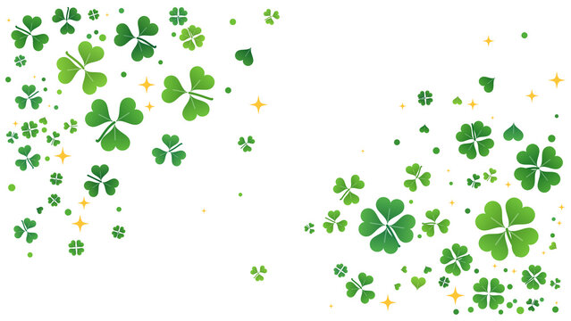 Corner clusters of green shamrocks with gold sparkles isolated on transparent background