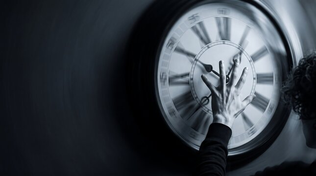 Person reaching out to touch a moving wall clock with motion blur representing the passage of time and chronophobia