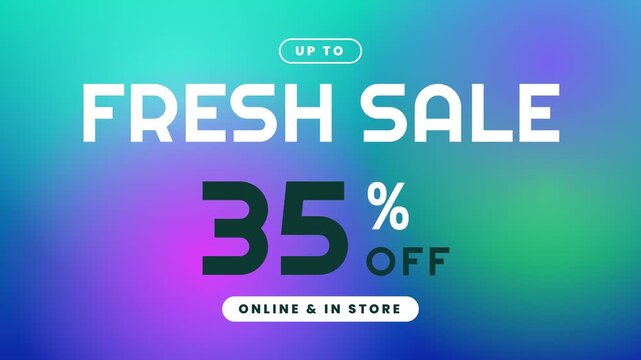 Animated promotional banner for a fresh sale featuring a discount increasing to 35 percent over a vibrant liquid gradient background.
