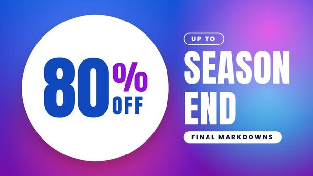 Season end sale animation showing discount increasing up to eighty percent off on a purple and blue gradient background.