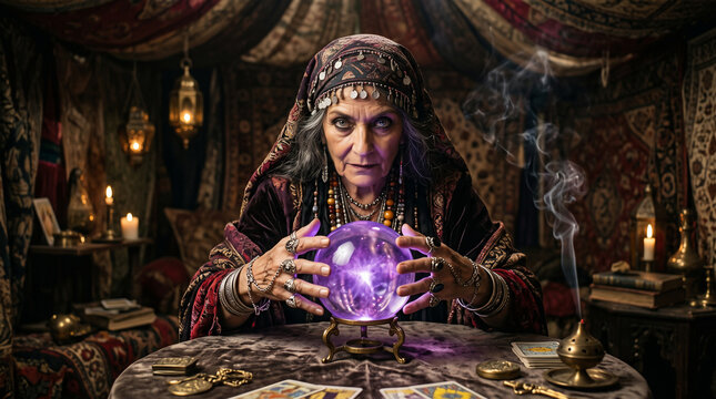 Mysterious Fortune Teller: An enigmatic fortune teller gazes intently into a glowing crystal ball, surrounded by arcane artifacts and mystical symbols, hinting at secrets of the future.
