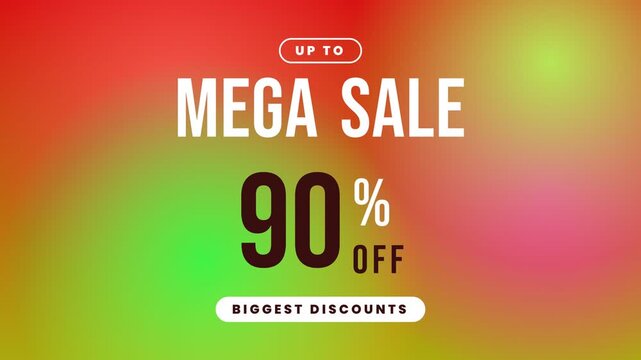 Animated motion graphic for a mega sale promotion showing discount values increasing to 90 percent on a vibrant colorful gradient background.