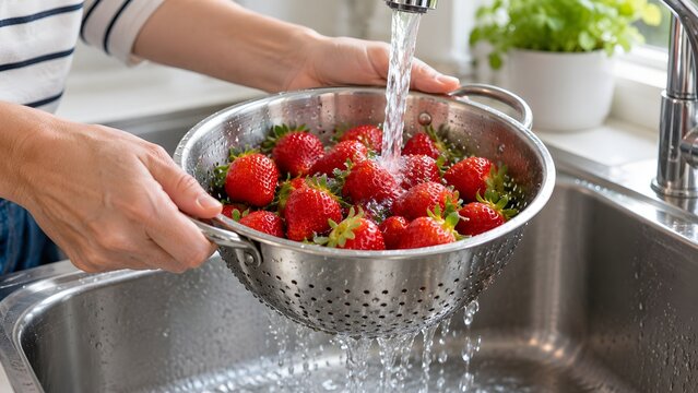 Hands rinsing fresh strawberries in a colander under running water