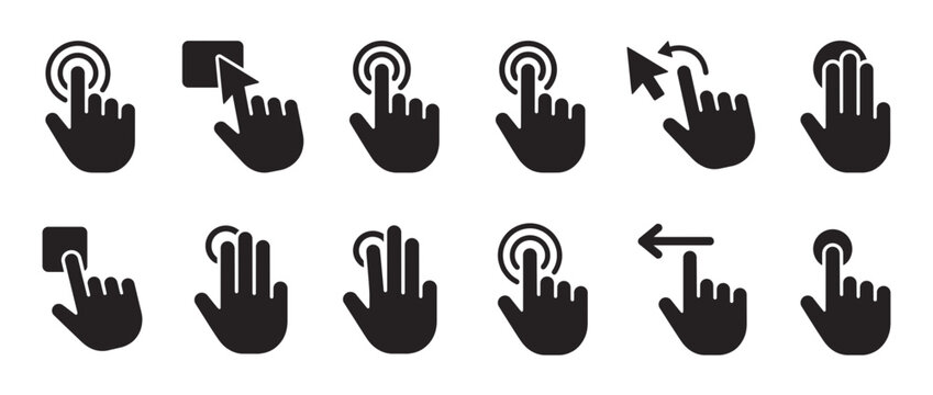 Hand gesture icons with touch interaction symbols. Finger motion graphics for UI design. Swipe, tap, pinch, zoom, rotate, scroll, double-tap. Vector illustration.