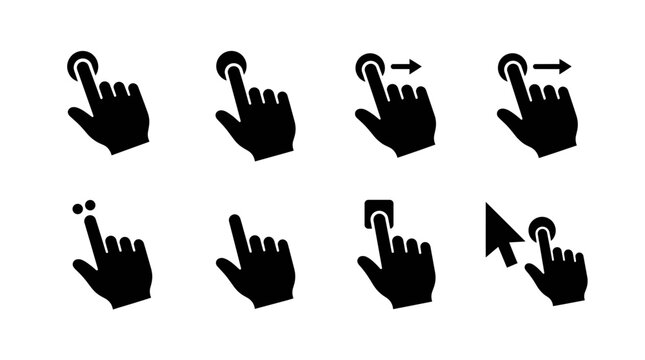 Hand gesture icons for user interface design. Finger interaction symbols isolated on transparent background. Swipe, tap, pinch, zoom, rotate, scroll, double-tap, arrow. Vector illustration.
