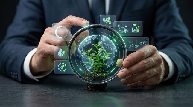 Businessman holding a magnifying glass over a small plant with a digital globe and sustainability icons, representing environmental protection and green energy