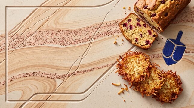 Hanukkah and Christmas Latkes and Cranberry Bread Copy Space Background with Blue Dreidel for Food Photography Flat Lay on Sandstone Surface Layout