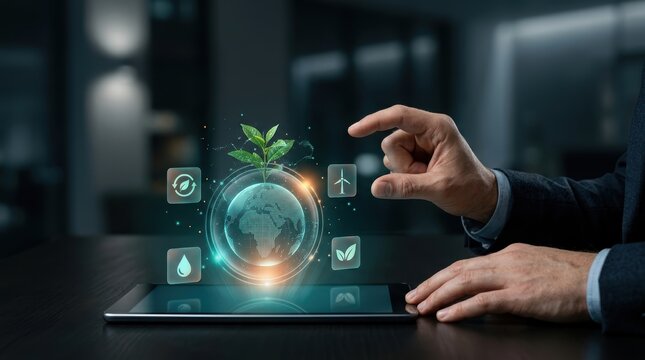 Businessman interacting with a digital hologram of the earth with green leaves and environmental icons above a tablet, representing sustainable technology