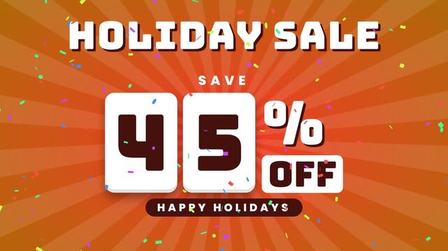 Animated holiday sale banner showing a forty-five percent discount with colorful confetti falling on a vibrant orange background.
