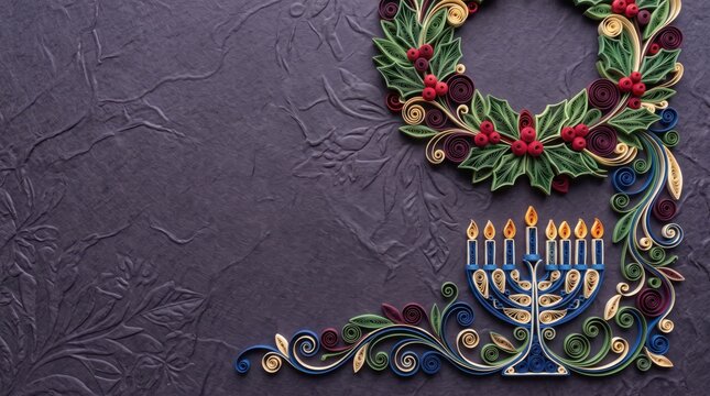 Paper Cut Art Hanukkah and Christmas Copy Space Background with Quilled Holly Wreath, Menorah, and Candles on Dark Textured Paper for Holiday Banners