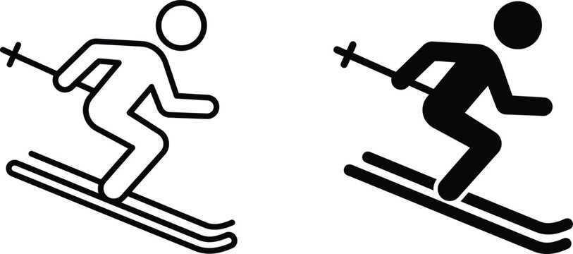 Skiing person glyph symbols in outline and solid black styles with winter sports line art physical activity extreme sport fun
