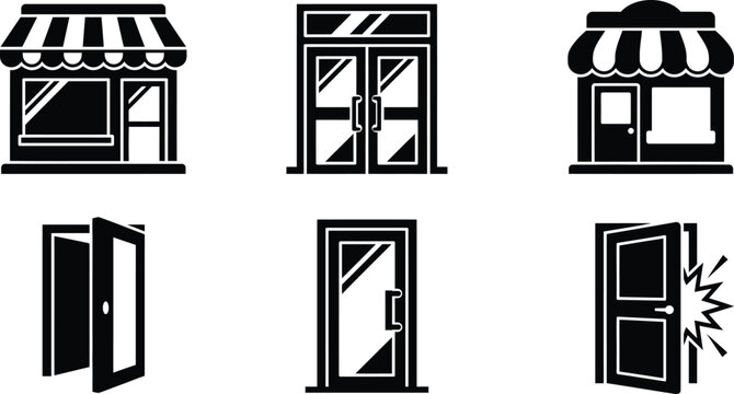 Set of black and white commercial store entrance and building facade icons