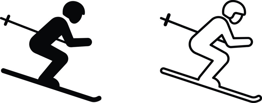 Two styles of a person skiing downhill as simplified black graphic symbols with resources recreation activity silhouette