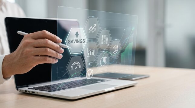 Businessman using a digital interface to manage savings and financial growth, analyzing investment data and performance metrics on a laptop screen