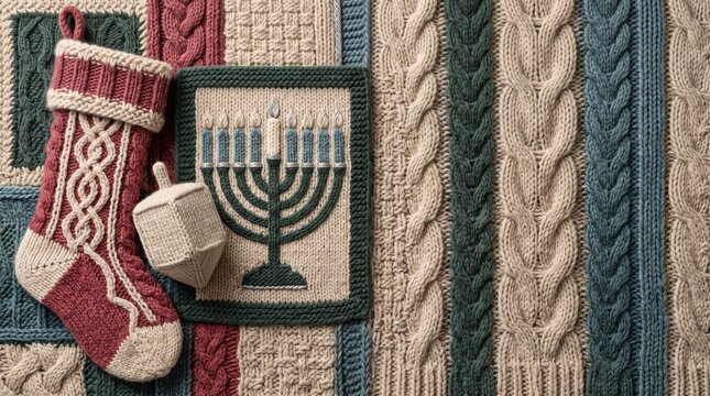 Cozy Hanukkah and Christmas knitted Stocking, Menorah patch, and Dreidel setup providing generous Copy Space Background with soft Cable Knit craft texture.