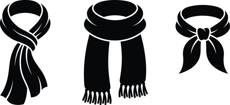 Three different styles of winter neck scarves displayed as simple black icons with clothing accessory