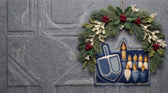 Hanukkah Menorah and Christmas Wreath Needle Felt Copy Space Background with Wool Felted Holly and Dreidel Textile Details on Felt Fabric Texture Surface