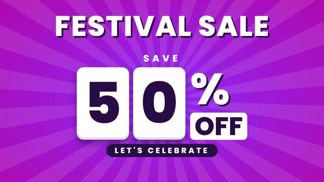 Motion graphics of a festival sale promotion showing a fifty percent discount with falling confetti on a purple sunburst background.