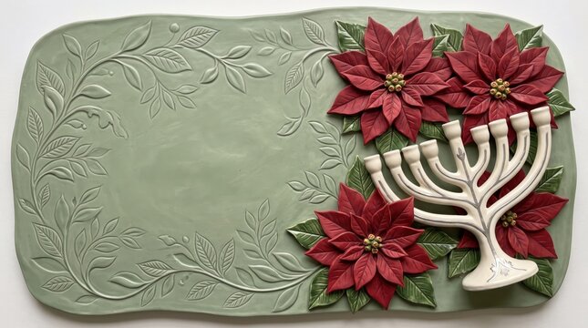 Ceramic Relief Menorah and Christmas Poinsettia Copy Space Background with Embossed Botanical Leaves on Green Terracotta Clay Plate Surface
