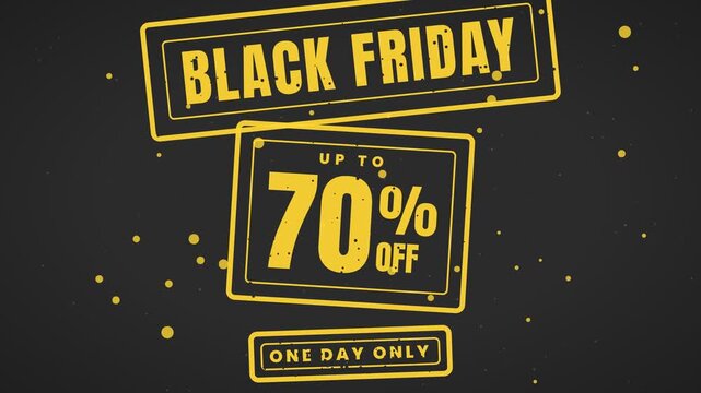 Yellow rubber stamp animation displaying Black Friday sale and seventy percent discount on a black background.