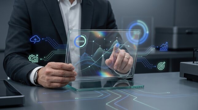 Businessman interacting with a futuristic transparent digital interface for data analysis and business decision making in a modern office environment