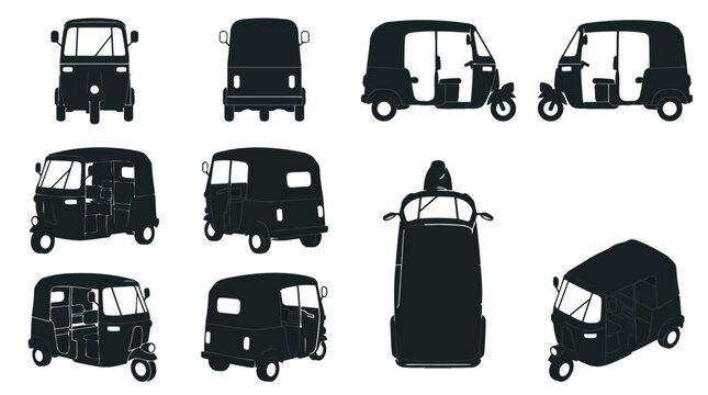 Comprehensive vector silhouette auto rickshaw collection showing multiple angles views orthographic projections for transportation design graphic assets and diagrams