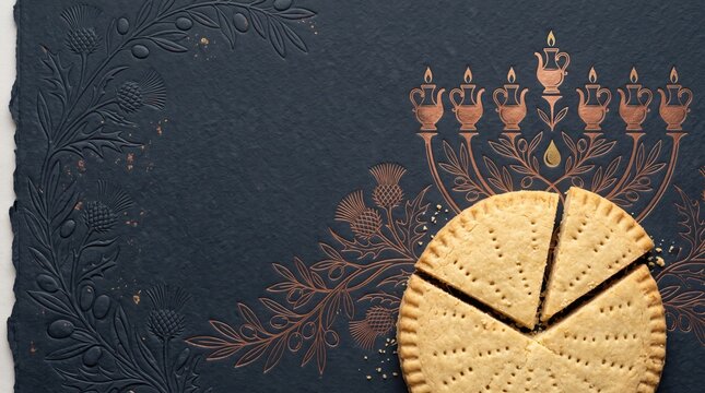 Hanukkah and Christmas Shortbread Copy Space Background with Copper Engraving Menorah, Thistle, and Foil Embossed Paper Texture