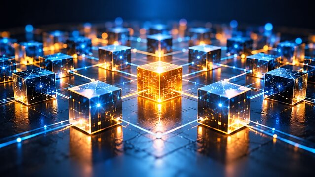 Futuristic Blockchain Network with Glowing Digital Cubes &ndash; Decentralized Technology, Secure Data Connectivity and Digital Innovation