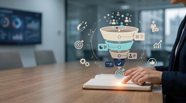 Business professional using a digital marketing funnel concept to analyze customer acquisition and conversion strategies in a modern office setting