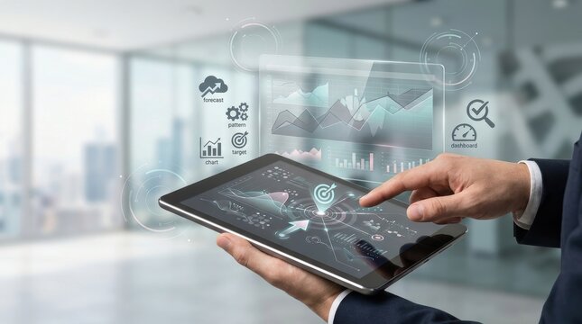 Businessman using a digital tablet to analyze business data and performance metrics with holographic charts and analytics icons in a modern office