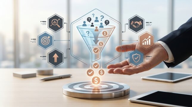 Business sales funnel concept with digital icons and a target on a wooden desk, representing marketing strategy, lead generation, and financial growth