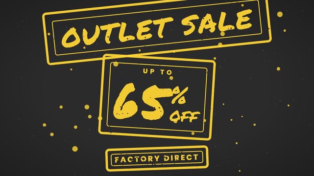 Yellow outlet sale promotional stamps appearing with up to sixty five percent discount message on dark textured background.