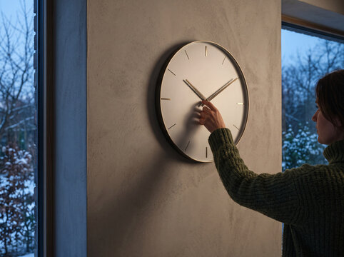 R&eacute;glage d&rsquo;une horloge dans un int&eacute;rieur &eacute;clair&eacute; par une lumi&egrave;re froide