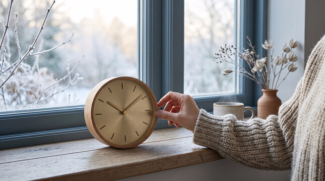 Main remontant une petite horloge ronde pr&egrave;s d&rsquo;une fen&ecirc;tre givr&eacute;e