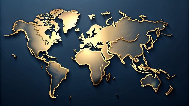 Elegant metallic world map artwork on dark blue background showcasing global business connectivity international trade corporate strategy and modern geography generated ai
