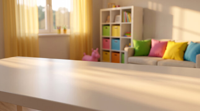 Table blanche au premier plan d&rsquo;une salle de jeux color&eacute;e