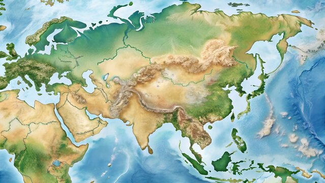 Physical relief map of Asia continent displaying mountains deserts plains rivers and regional geography for cartography education research analysis studies generated ai