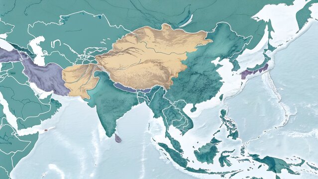 Detailed political relief map of Asia continent featuring topographic terrain borders regional geography cartography reference and spatial analysis data generated ai