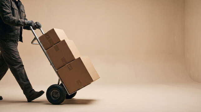 Livreur d&eacute;pla&ccedil;ant des cartons empil&eacute;s sur un diable de manutention