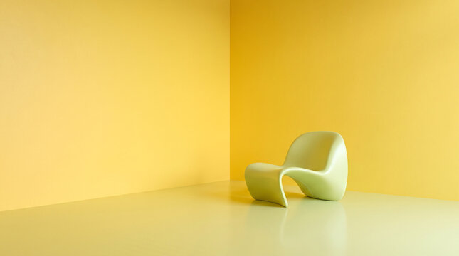 Coin de pi&egrave;ce jaune monochrome &eacute;clair&eacute;e avec un fauteuil sculptural