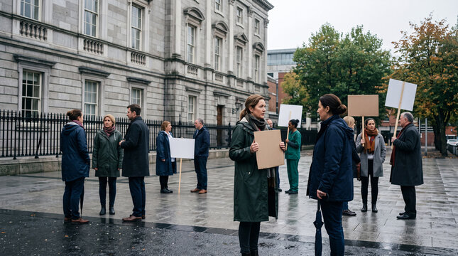 Groupe de manifestants portant des panneaux pr&egrave;s d&rsquo;un &eacute;difice public