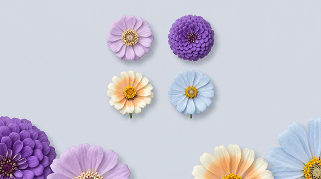 Composition de fleurs de zinnia multicolores sur fond gris clair