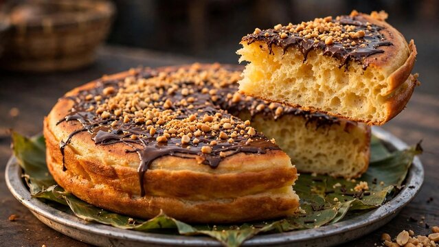 Indonesian martabak manis sweet pancake with chocolate and peanuts