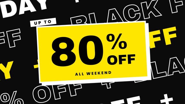 Promotional animation for Black Friday featuring an 80 percent discount offer with a scrolling marquee text background.