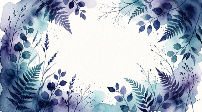 Cadre floral aquarelle bleu et violet sur fond blanc