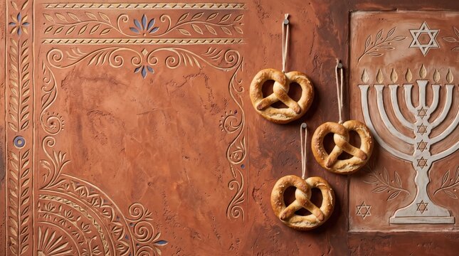 Terracotta Hanukkah and Christmas Copy Space Background Displaying Pretzel Ornaments Hanging Beside Carved Menorah and Star of David Relief Patterns